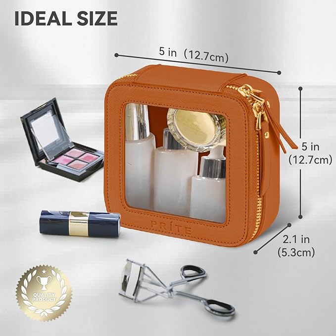 Prite Small Makeup Bag for Women Portable Clear Makeup Bag Cute Mini Waterproof Travel Cosmetic Bag with Gold Zipper for Car Essentials(Brown)