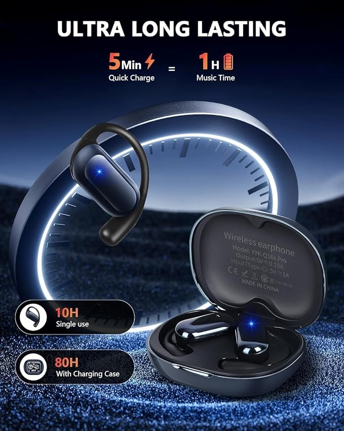 Open Ear Bone Conduction Headphones,Bluetooth Headphones 5.4 with Smart Digital Display,60H Playtime,IPX7 Waterproof,Touch Control Operate Fit Cycling Running