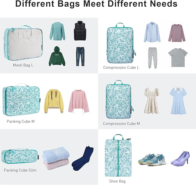 Bagail Ultralight Compression Cubes 7 Set - 3 Packing Cubes, 3 Organizers, and 1 Shoe Bag