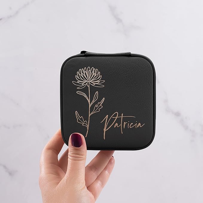 Custom Leather Jewelry Box w/Name & Birth Flower Month - Birthday Gifts for Women, Personalized Jewelry Travel Case - Customized Jewelry Organizer Box, Mom Birthday Gifts - Black