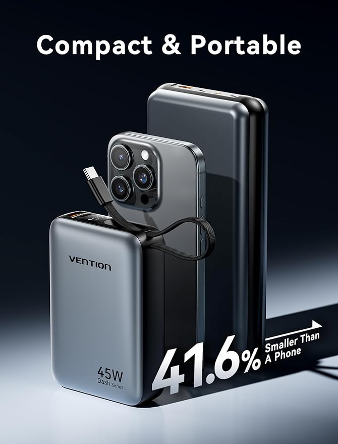 VENTION 45W Power Bank, CCC Certified 20000mAh with Built-in USB-C Cable, Fast Charging Travel Portable Charger with LED Digital Display for iPhone 17/16/15 Xiaomi Galaxy S26/S25 iPad Laptop(Beige)