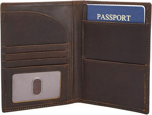 Polare Full Grain Leather Passport Holder RFID Blocking Travel Bifold Wallet Passport Holders 2 Passports (Dark Brown)