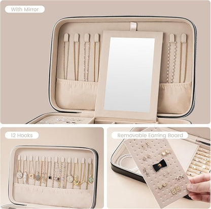 Lolalet Travel Jewelry Case for Women Girls, Travel Jewelry Organizer Box with Mirror & Clear Storage Bag, Small Portable Earring Necklace Bracelet Ring Case, Birthday Christmas Gifts -Large, Black
