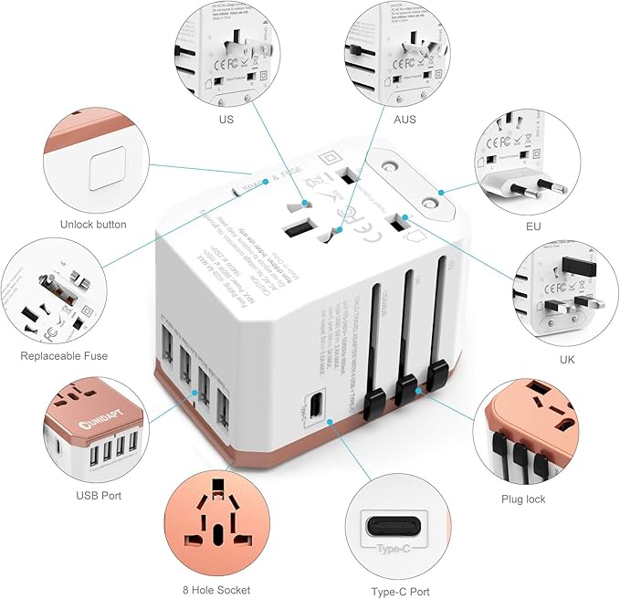 International Plug Adapter, Unidapt Travel Adapter Worldwide - All in one Universal Charger USB Travel Power Adaptor with 5 USB for EU AU UK USA - 160 Countries (Rose Gold)