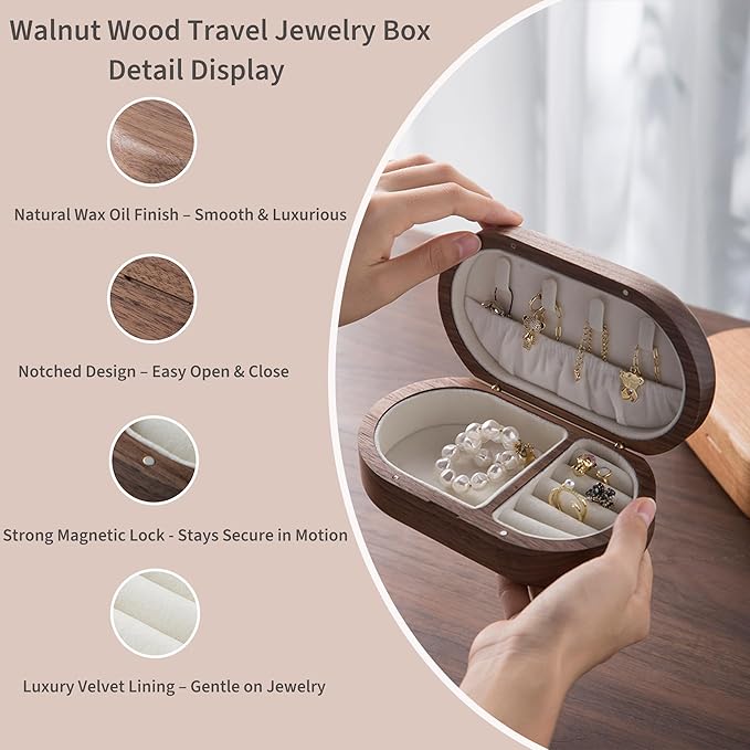 Solid Walnut Wood Jewelry Box for Women & Men - Vintage Travel Organizer with Portable Mini Case, Earring Storage, chinoiserie Handcrafted Gift (Walnut, Round)