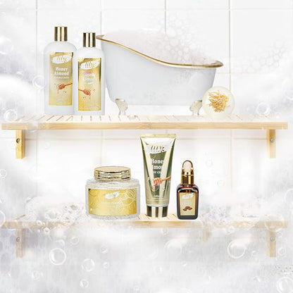Christmas Gifts for Women - 7-Piece Honey Almond Spa Gift Set, Bath & Body Gift Set, Bath Collection with Bath Bomb | Mothers Day Gifts for Mom, Fathers Day, Birthday Gifts, Holiday Present for Women