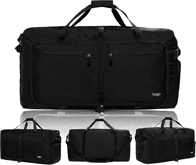 Bago Big XXL Foldable Duffel Bags for Traveling Women & Men - 140L Packable Duffle Bag for Travel with Shoe Compartment - Water Repellant, Heavy Duty, Lightweight Folding & Collapsible (All Black)