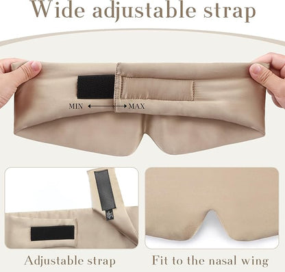 100% Mulberry Silk Sleep Mask Eye Mask for Women Man with Adjustable Band, for Side Sleeper Blackout Sleep Mask for Travel Rest and Office Large Size (Taupe)