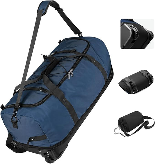 Vomgomfom Wheeled Collapsible Duffel Bag,110L-140L Expandable Checked Luggage, No-Telescopic-Handle with Anti-Burst Zipper & Reinforced Frame,Navy