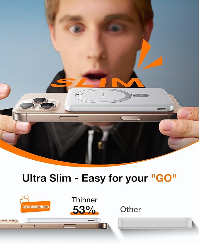 TORRAS EasyGo 0.45" Slim Magnetic Portable Charger Power Bank for iPhone, 5000mAh 22.5W PD Fast Charging Wireless Battery Pack Compatible with Magsafe, iPhone Air,Pro,Pro Max,17,16,15,14,13,12, White