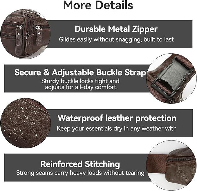 Brown Leather Fanny Pack for Men & Women,Fashionable Multi-Pockets Waist Belt Bag for Travel Sports Hiking Cycling Fishing Running