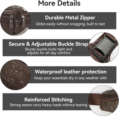 Brown Leather Fanny Pack for Men & Women,Fashionable Multi-Pockets Waist Belt Bag for Travel Sports Hiking Cycling Fishing Running