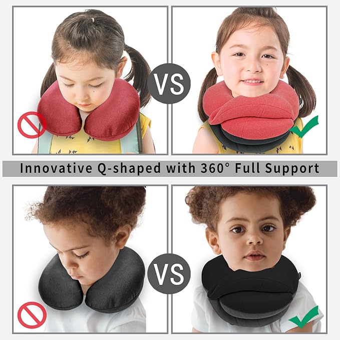 BUYUE Kids Travel Pillows for Airplane, 360° Head Support Sleeping Essentials for Boys Long Flight, Skin-Friendly Soft Neck Pillow for Traveling in Car Seat, (Small, Pink Grey, 40-90 lbs)