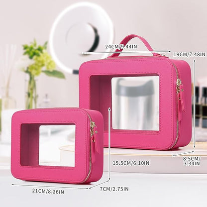 Pinkmik Clear Makeup Bag for Women Waterproof Travel Cosmetics and Toiletries Case Portable Makeup Oaganizer Bag Clear Car Bag with Zipper (X/Fuxia, M+L)