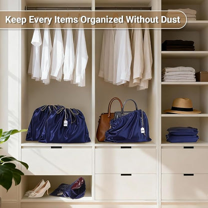 Ewen 7 Pack Satin Drawstring Shoe Bags with Tags, 19.6x15.7in Dust Bags for Handbags Travel Essentials, Dark Blue Packing Bag Dustproof Purse Shoes Organizer for Closet Home Storage and Organization