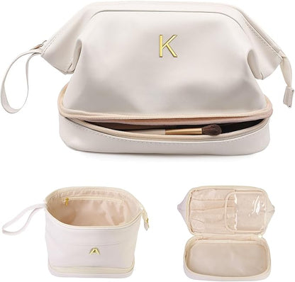 Women Birthday Gifts, Initial Large Makeup Bag, College Essentials for Girls Cosmetic Bag with Makeup Brush Organizer, Birthday Gift for Women/Girl Bridesmaids Gift Cute Stuff for Girls