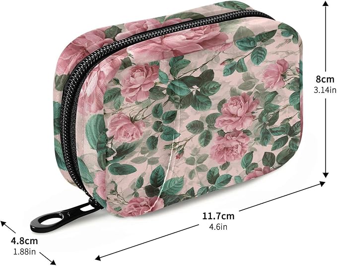 Pink Vintage Roses with Leaves Travel Pill Organizer Case Box Container Weekly Portable Vitamin Medicine Holder Storage Bag with Zipper Removable
