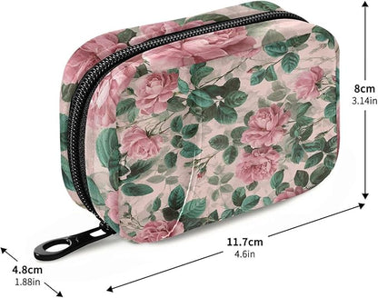 Pink Vintage Roses with Leaves Travel Pill Organizer Case Box Container Weekly Portable Vitamin Medicine Holder Storage Bag with Zipper Removable