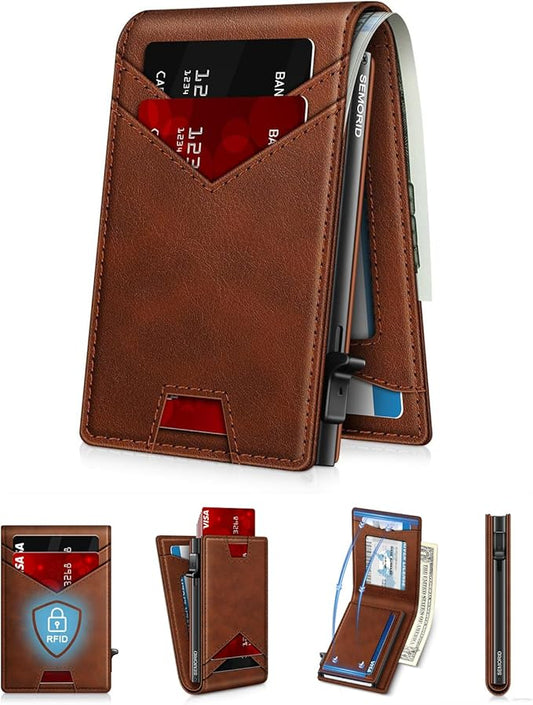 Wallet for Men Wallet with Slim Pop Up Card Holder for 12-14 Cards, RFID Blocking Bifold Minimalist Smart Wallet, Credit Card Holder with ID Window & Cash Slot, Compact Metal Card Case, Gifts for Men