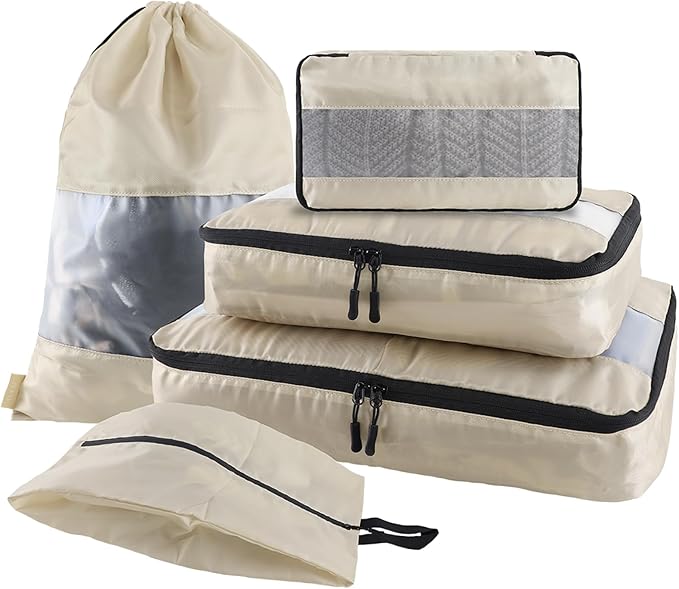 U+U 5 Set Packing Cubes for Travel Essentials Ultralight Luggage Packing Organizers with Laundry Bag and Shoe Bag for Vacation, Business Trip and Camping (Cream)