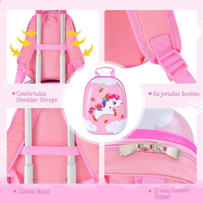 BABY JOY 2 Pcs Kids Luggage Set, 16" Toddlers Carry-on Suitcase & 12" Backpack Set, Children Travelling Case w/ 4 Casters, Retractable Handle, Lightweight Trolley Case for Girls Boys (Cloud Pony)