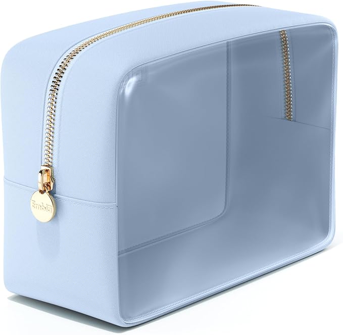 Embla London Makeup Bag Cosmetic Case, Clear Zipper Make Up Pouch and Toiletry Travel Tote, Cute Skincare Pouches for Women Girls, Preppy Purse Cosmetic Organizer, Large Makeup Bags, Sky Blue
