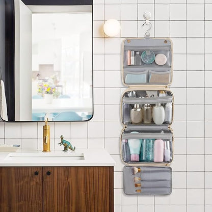 Elviros Hanging Travel Toiletry Bag for Women,3-in-1 Large Makeup Bag and Cosmetic Organizer,Vegan Leather Waterproof Skincare Case for Travel Size Toiletries and Accessories,Gift for Women