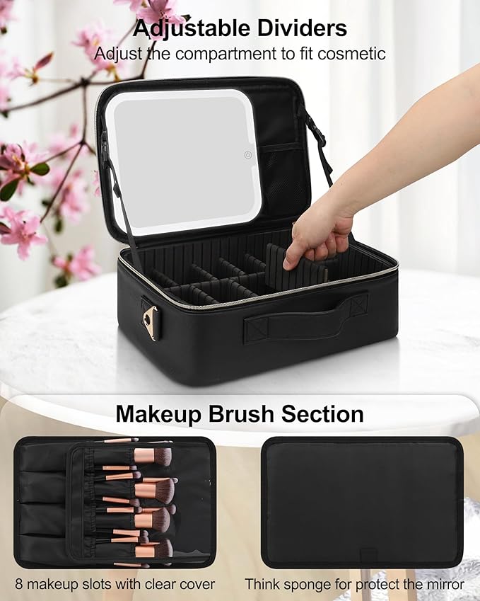 Chomeiu Makeup Bag with LED Mirror, Large Travel Cosmetic Train Case for Women, Makeup Artists Large Organizer Box with Vanity Light Up Mirror, 3 Color Lights, Adjustable Dividers (Black)