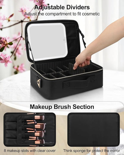 Chomeiu Makeup Bag with LED Mirror, Large Travel Cosmetic Train Case for Women, Makeup Artists Large Organizer Box with Vanity Light Up Mirror, 3 Color Lights, Adjustable Dividers (Black)