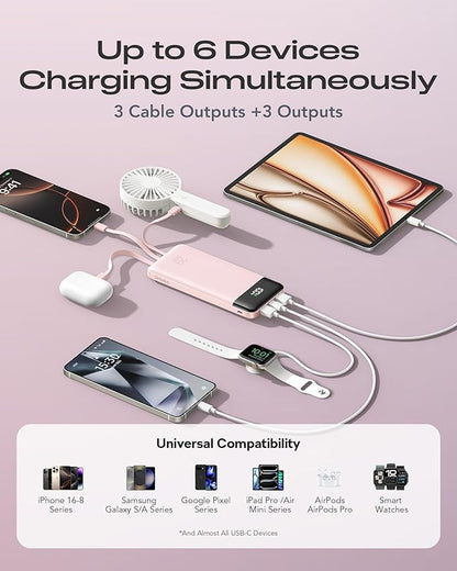 20000mAh Power Bank Fast Charging, Portable Charger with 4 Built-in Cables & 6 Outputs, 20W PD USB C Battery Pack Compatible with iPhone 16/15, Galaxy, Android, iPad & More (Travel Essential)