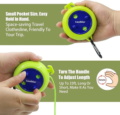 Portable Travel Clothesline Cord, Caudblor Adjustable 33ft Camping Clothes line, Laundry Drying Rope for Hotel Trip, Cruise, Outdoor/Indoor, with 12Pcs Stoppers, Windproof Clothespins