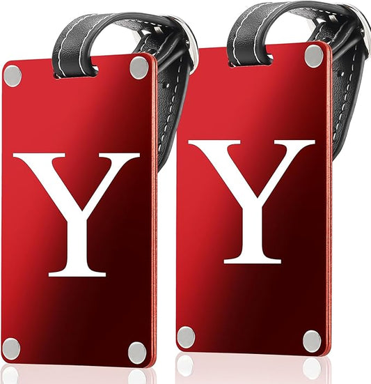 Premium 3-Layer Aluminum Luggage Tags by Fortuna - Easy to Claim, Laser-Engraved, Plastic-Free, and Eco-Friendly Luggage Tag Holders, 2-Pack, Red (Y)