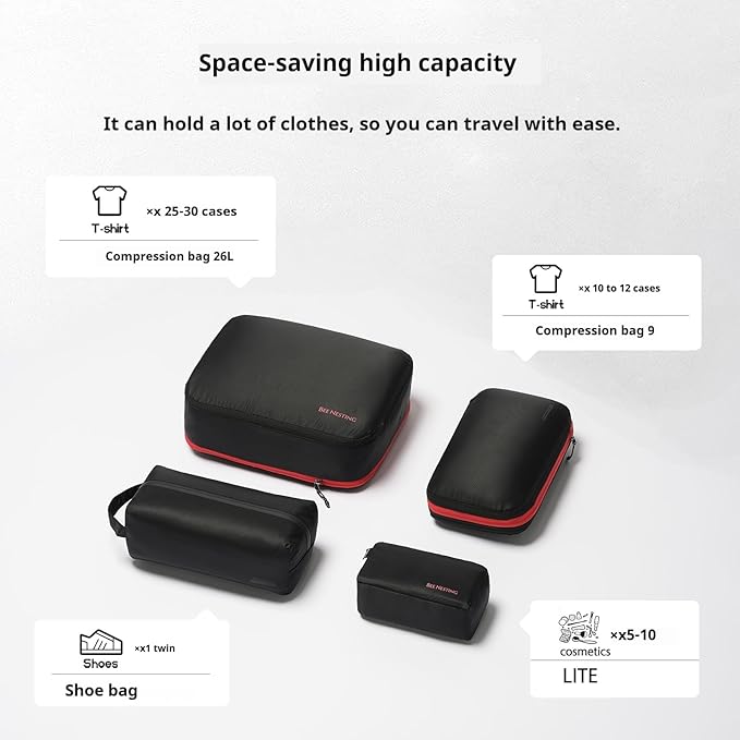 Bee Nesting BeeNesting Waterproof Compression Packing Cubes 5/6/8 sets, Large Travel Packing organizers for Carry on Luggage, 2 Sides Expandable Storage Bags (Black Red, S+M+XL+Lite)