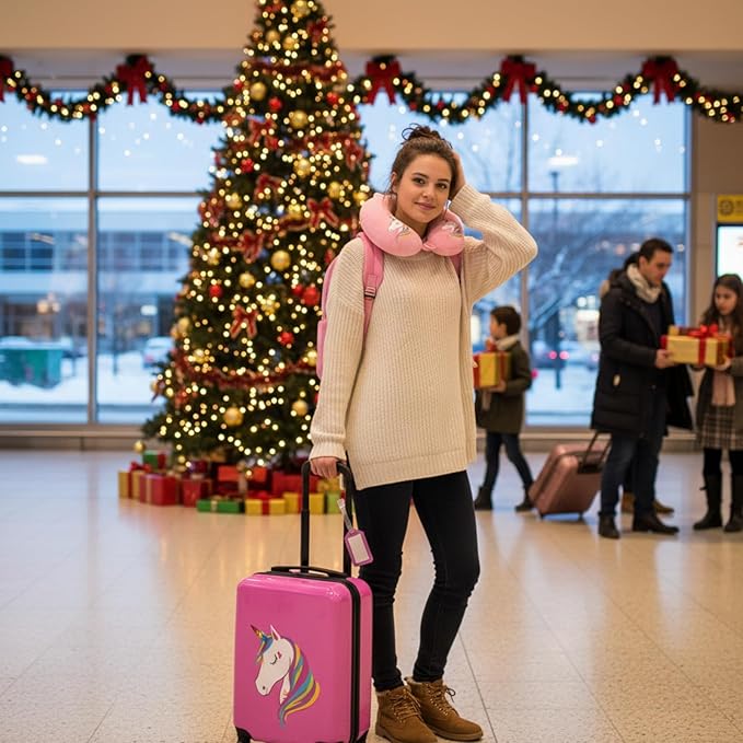 Sanwuta 4 Pcs Kids Luggage Set Backpack Travel Rolling Suitcase U-shape Pillow Christmas Children Gift for Girls Boys(17 Inch,Unicorn Style,Pink)