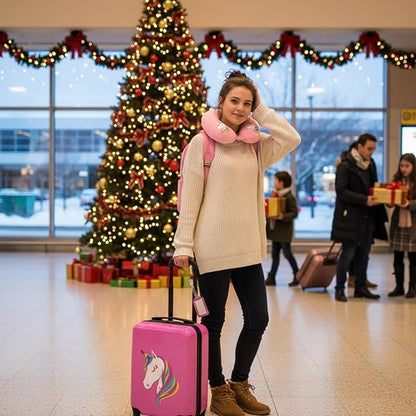 Sanwuta 4 Pcs Kids Luggage Set Backpack Travel Rolling Suitcase U-shape Pillow Christmas Children Gift for Girls Boys(17 Inch,Unicorn Style,Pink)