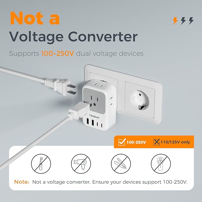 TESSAN European Travel Plug Adapter 2 Pack, PD 20W Adapter for Europe Plug with 4 AC Outlets 4 USB (2 USB C), Type C Adaptor for US to Europe, Italy, Spain, France, Portugal, Greece, Iceland, Germany