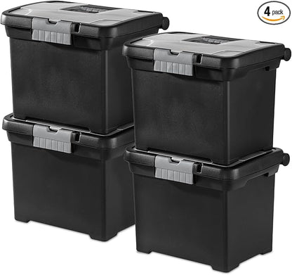 Sterilite Portable File Box, Stackable Storage Bin with Latching Lid and Handle, Plastic Container to Organize Papers in Home, Office, Black, 4-Pack