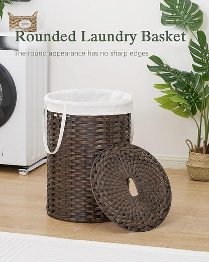 Laundry Basket with Lid Round Rattan Laundry Hamper with Lid and Handles 29.1 Gal (110 L) Handwoven Woven Basket with Removable Bags and 2 Mesh Bags for Bathroom Living Room Brown