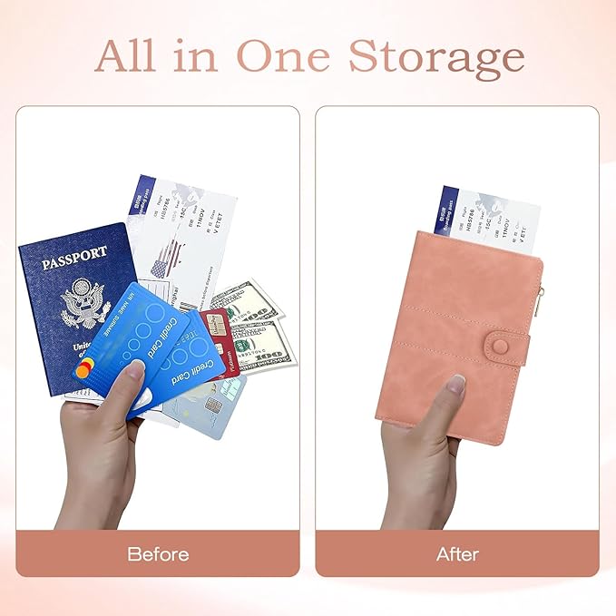 Leather Passport Holder for Travel, RFID Passport Wallet with Zipper Pocket, Passport Covers with Pen Holder, Travel Wallets Essentials Aesthetic Cute Passport Sleeve for Women Men(Pink)