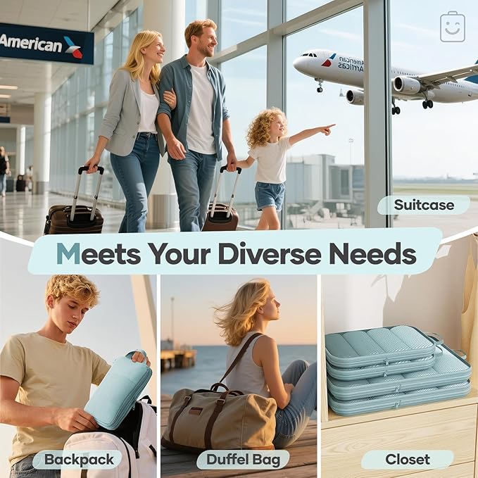 Veken 9/11 Set Compression Packing Cubes for Travel Essentials,Compressible Expandable Large Luggage Suitcase Organizer Bags for Clothing,Durable Space Saver Storage Bags with Toiletry Bags(Blue Gray)