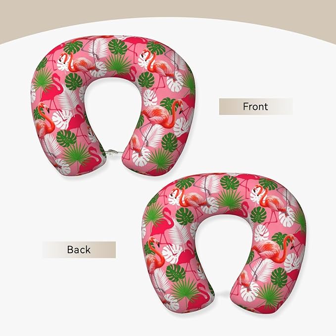 Neck Travel Pillow, Breathable Memory Foam Chin & Head Support Cushion Tropical Palm Leaf Pink Flamingos for Airplane Car Sleeping Rest