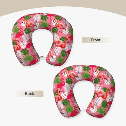 Neck Travel Pillow, Breathable Memory Foam Chin & Head Support Cushion Tropical Palm Leaf Pink Flamingos for Airplane Car Sleeping Rest