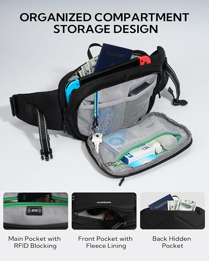 WATERFLY 3L Large Fanny Pack, 180° Opening Hip Pouch with Multi-Pockets, Anti-Theft RFID Blocking Waist Bag for Women Men Traveling Hiking Daily Use-Black