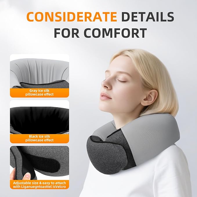 Travel Neck Pillows for Airplanes, Premium 100% Memory Foam Neck Pillow with Alternative Cooling Ice Silk Cover - Upgrade Liner Enables Easy Pillowcase Cleaning, Travel Pillow Fits Plane, Car, Train