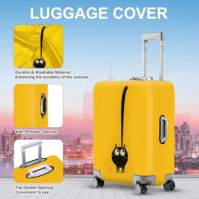 ANNA QUEEN Cute Black Cat Luggage Cover, Whimsical Cat Design with Long Tail, Stretchable, Washable Travel Protector for 20-22 Inch Luggage