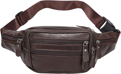 Brown Leather Fanny Pack for Men & Women,Fashionable Multi-Pockets Waist Belt Bag for Travel Sports Hiking Cycling Fishing Running