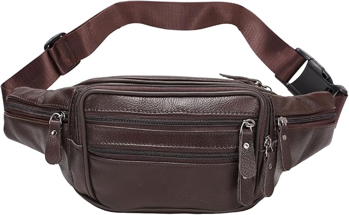 Leather Fanny Pack for Men Women,Genuine Leather Waist Belt Bag with Adjustable Strap Belt Hip Bag with Multi-Pockets for Travel Sports Running Cycling Hiking (brown)