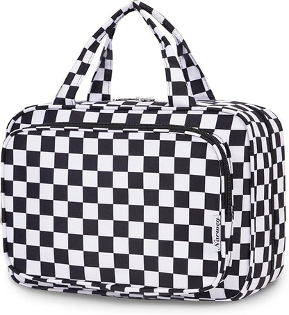 Narwey Travel Toiletry Bag for Women Large Hanging Makeup Bag Organizer Toiletries Bag for Full Size Essentials Accessories Cosmetics (Black Checkerboard (Large))