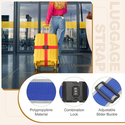 MECCANIXITY Luggage Straps with Combination Lock Adjustable Suitcase Belt Strap for Suitcase Briefcase Backpack Travel, Gray-Blue, Pack of 4