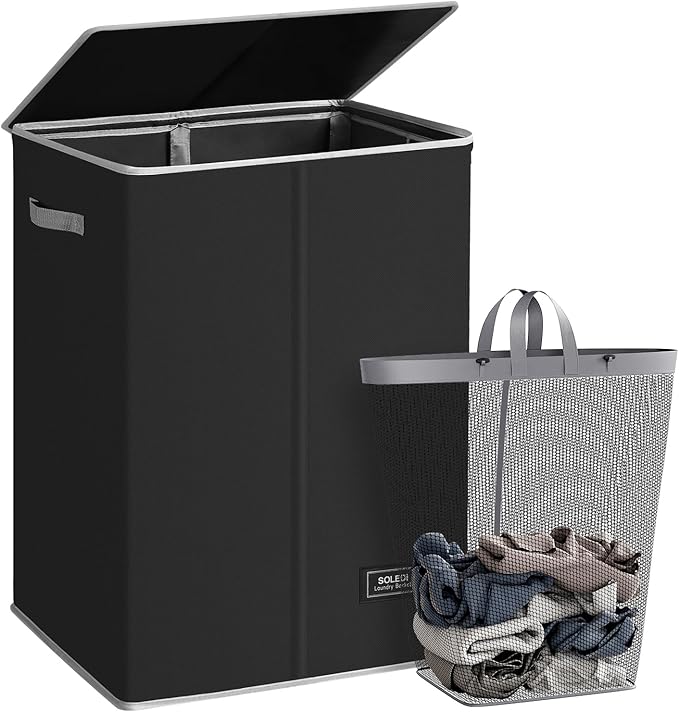 SOLEDI Laundry Hamper with Lid 130L Large & Tall Collapsible Laundry Basket, Clothes Hamper with Bag Removable Easy to Carry, Dirty Hampers for Bedroom, Bathroom, Dorm, College, Black